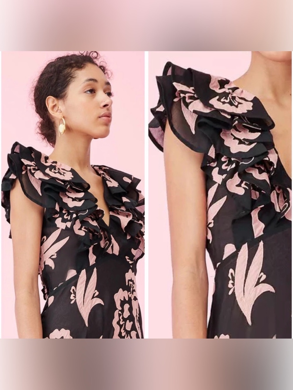 Rebecca Taylor Amea Appliqué Ruffle Blouse Top Sz 4 S Black Pink